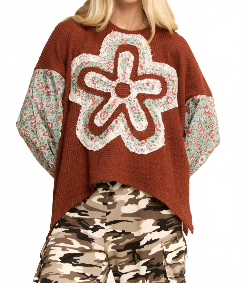 NEW DAVI & DANI waffle knit floral-sleeve top in cocoa